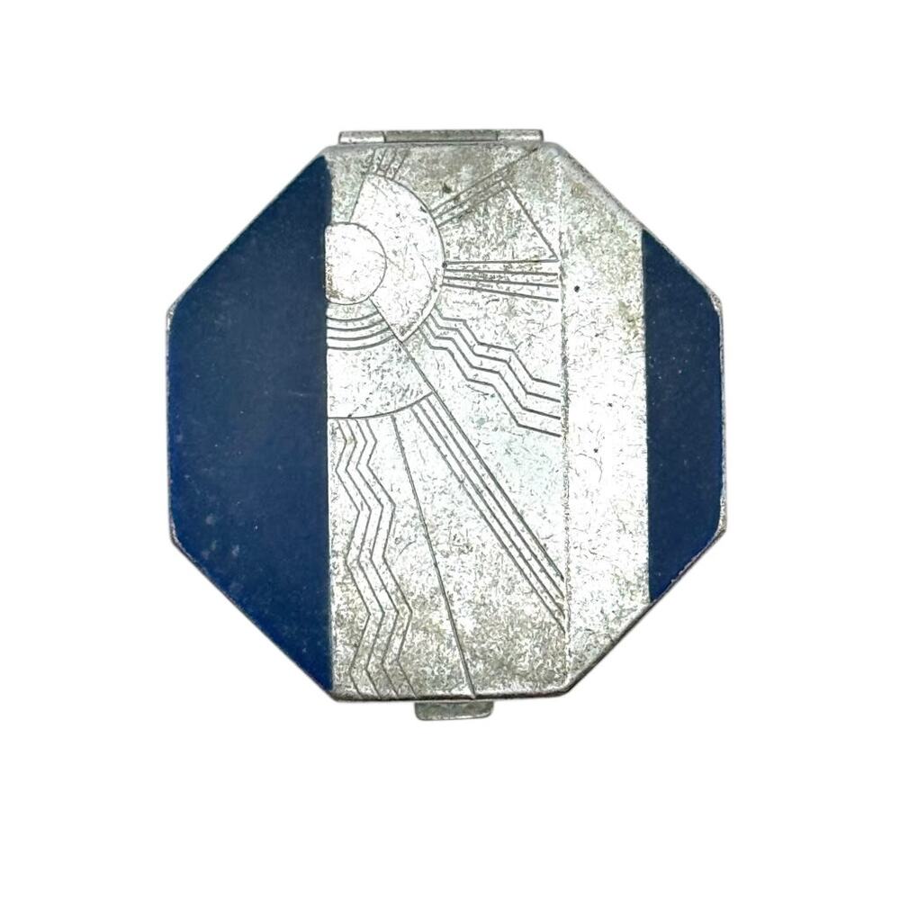 Bourjois Evening in Paris Art Deco Octagonal Blue Silver-Tone Powder Compact